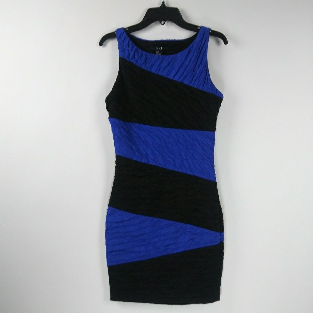 XX1 Blue Black Textured Fitted Small Petite Dress Block Color Bodycon Evening